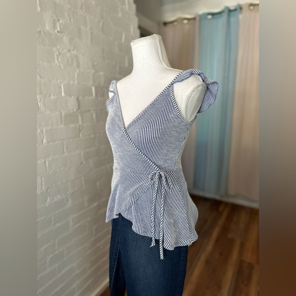 Caution To the Wind Blue & White Faux Wrap Top - Picture 1 of 5
